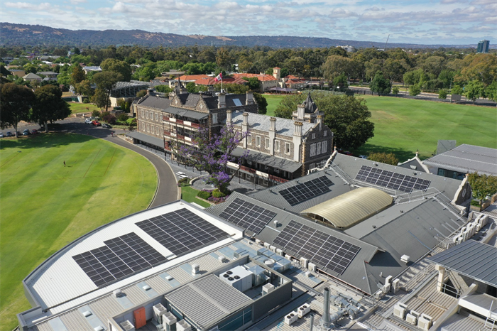 Birds eye view of the rooftop solar?installation on Prince Alfred College in South Australia.