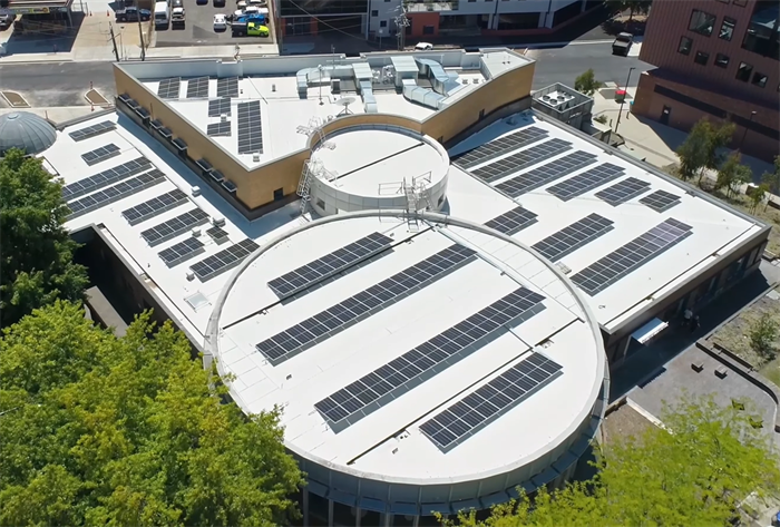 View of the commercial solar?system installed on the rooftop?of Ballarat Library.